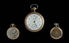 Swiss Made Gold Filled Open Faced Pocket Watch. 23 Jewels, Adjusted Screw Back, With Watch Chain.