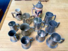 Box of Assorted Tankards, including Pewter, German Stein, Golf Presentation, etc. 12 in total.