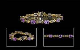 9ct Gold Attractive Amethyst & Diamond Set Bracelet, marked 9.375.