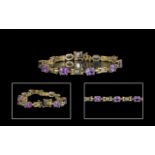 9ct Gold Attractive Amethyst & Diamond Set Bracelet, marked 9.375.