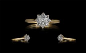 18ct Gold Attractive Diamond Set Cluster Ring, Flower head Design. Marked 18ct.