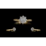 18ct Gold Attractive Diamond Set Cluster Ring, Flower head Design. Marked 18ct.