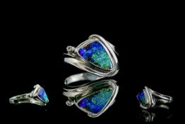 14ct White Gold Attractive Modern Designed Opal Set Dress Ring. Marked 14ct to Shank.