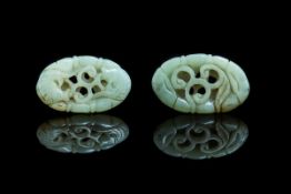 Antique Chinese Jade Amulet, coiled stylised fish. Length 3.75" x 2.25".