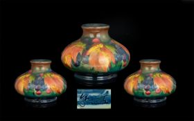 William Moorcroft Signed Flambe Squat Vase ( Tube lined ) Leaf and Berry Design. c.1928 - 1934.
