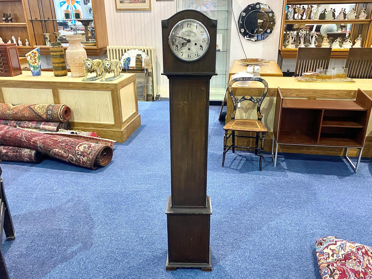 Grandmother Clock Westminster chime, silvered dial with Chapter numerals. Of small form measuring 55