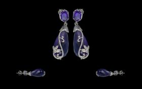 Amethyst Teardrop Earrings, each briolette cut, deep purple amethyst, being 11cts,