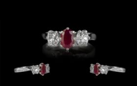 Platinum Diamond And Ruby Ring, Three Stone Ring With Central Ruby Set Between Two Old Cut Diamonds,