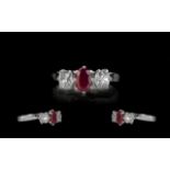 Platinum Diamond And Ruby Ring, Three Stone Ring With Central Ruby Set Between Two Old Cut Diamonds,