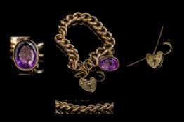 9ct Gold - Good Quality Curb Bracelet with Attached 9ct Gold Amethyst Seal Set Fob.