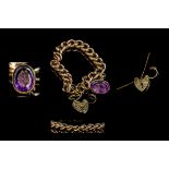 9ct Gold - Good Quality Curb Bracelet with Attached 9ct Gold Amethyst Seal Set Fob.