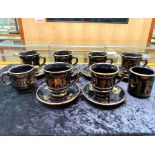 Greek Coffee Set, hand made, black with gilt Grecian figures, comprising six mugs, six saucers,