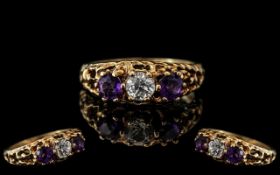 Ladies 9ct Gold Excellent Quality White Sapphire and Amethyst Set 3 Stone Ring. Superior Design /