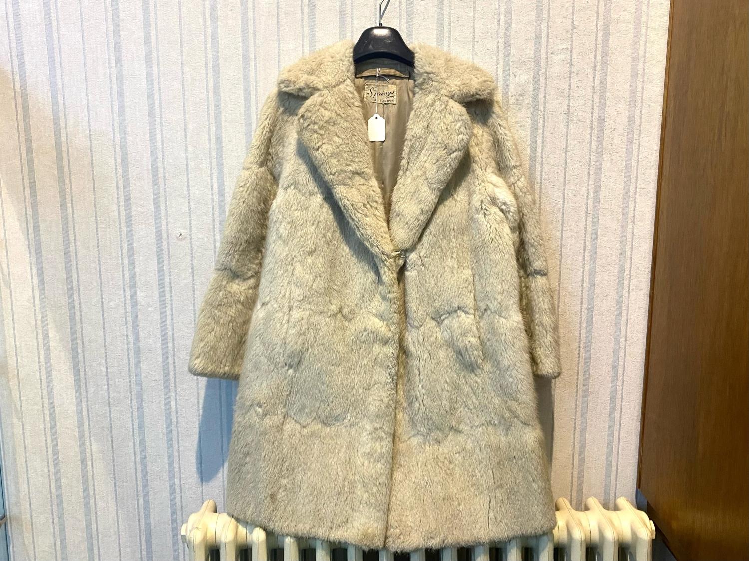 3/4 Length Musquash Coat, Cream, Hook & Eye Fastening, 2 Slit Pockets, Collar & Reveres. Fully Lined