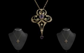 Victorian Period 1837-1901 9ct Gold Amethyst and Seed Pearl Pendant /Brooch with attached 9ct Gold