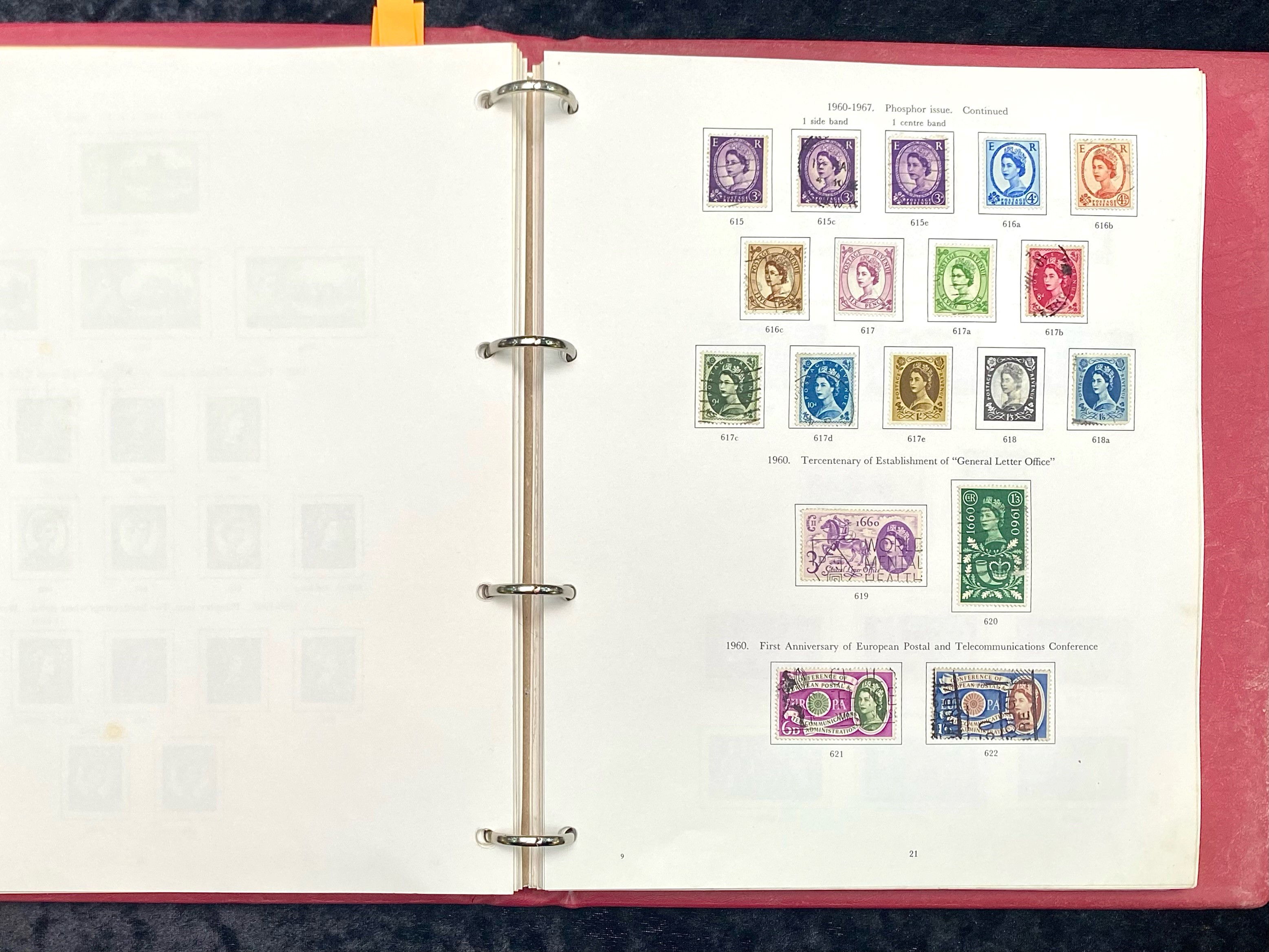 Stamp interest: Red Stanley Gibbons loose leaf illustrated GB stamp album - Partially filled with - Image 3 of 5