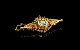 Antique Period 15ct Gold Ornate Crafted Brooch Set with a Good Quality Diamond to Centre. Marked 625