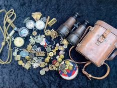 A Mixed Military Lot, to include cap badges, marching compass named F Barker & Sons dated 1939,