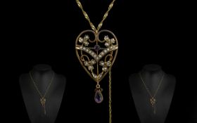 Victorian Period Attractive 9ct Gold Openwork Pendant/Brooch set with seed pearls and amethysts