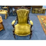 Victorian Mahogany Parlour Chair, with upholstered button back, seat and arm rests, carved frame,