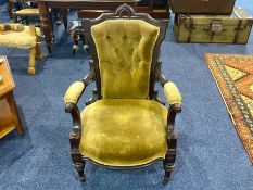 Victorian Mahogany Parlour Chair, with upholstered button back, seat and arm rests, carved frame,