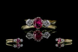 18ct Gold Attractive 3 Stone Ruby and Diamond Set Ring.