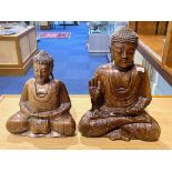 Two Oriental Wooden Carved Buddhas with good detail, measuring 21" and 17" high.