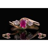 18ct Gold - Attractive 3 Stone Ruby and Diamond Set Ring. Full Hallmark to Shank. Ring Size K.