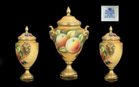 Coalport Hand Painted / Signed Fruits Twin Handle Masks Lidded Small Urn Shaped Vase,