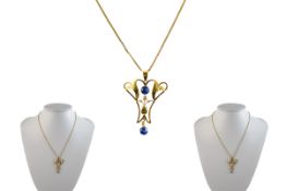 Art Nouveau 9ct Gold Sapphire Set Pendant Drop and Chain. Both Marked for 9ct. Excellent Design. c.