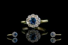18ct Gold - Attractive Sapphire and Diamond Set Cluster Ring, Flower head Setting.