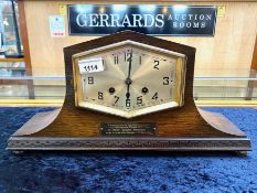Art Deco Mantle Clock, silvered face, plaque to front dated 5th March 1931, presented to Miss