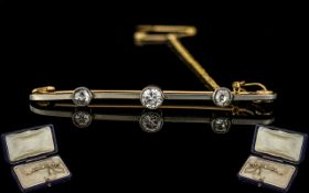 Antique Period 18ct Gold and Platinum 3 Stone Diamond Set Brooch with Safety Chain. Diamonds of Good