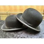 Two Vintage Bowler Hats, by Sunfield of London, black velour with leather inner rim,