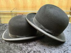 Two Vintage Bowler Hats, by Sunfield of London, black velour with leather inner rim,