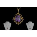 Victorian Period Stunning 9ct Gold Openwork well Designed Pendant set with large faceted amethysts