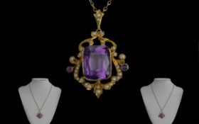 Victorian Period Stunning 9ct Gold Openwork well Designed Pendant set with large faceted amethysts