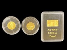 Collection of 3 Small Gold Coins. Comprises 1/ Au 999.9 1/100 oz Proof Token of London Bridge.