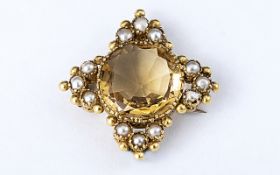 Antique Period Attractive 18ct Gold Citrine and Seed Pearl Star Form Brooch, c1850s, not marked