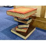 Wooden Side Table in the Form of a Pile of Books, with red and blue covers and gilt pages.