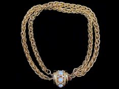 Gold Plated Givenchy Twin Chain Statement Necklace, with central pearl and diamante pendant.