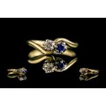 18ct Gold Attractive Sapphire and Diamond Two Stone Set Ring.