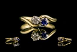 18ct Gold Attractive Sapphire and Diamond Two Stone Set Ring.