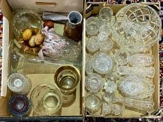 Two Boxes of Vintage Glass, including 11" and 10" gilt decorated vases, 15" tall vase,