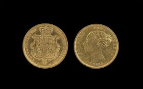 Queen Victoria 22ct Gold - Young Head Shield Back Half Sovereign - Date 1885.