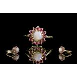 Ladies 9ct Gold - Attractive Garnet and Opal Set Cluster Ring, Flower head Design,