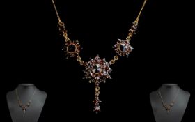 Antique Period - Attractive Exquisite 9ct Gold Garnet Set Necklace with Drop,