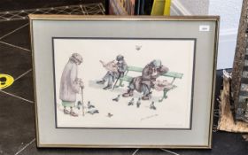 Albin Trowski Signed Print. Albin Trowski signed colourful sene of two men on a bench with a lady