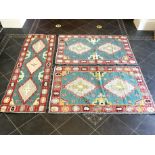 A Set Of Three Aztec Design Woolen Rugs, Turquoise And Pink Geometric Designs,