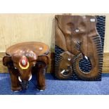 An African Wooden Carved Side Table in the Form of an Elephant, painted colours to face,